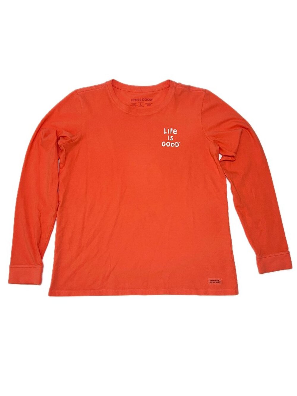 LIFE IS GOOD Womens Sz Large Orange Red Long Sleeve Shirt Graphic Front and Back